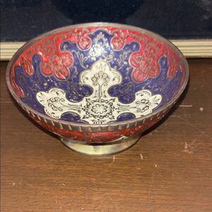 Brass Hand-painted Bowl Red and Blue Decorative Made in India